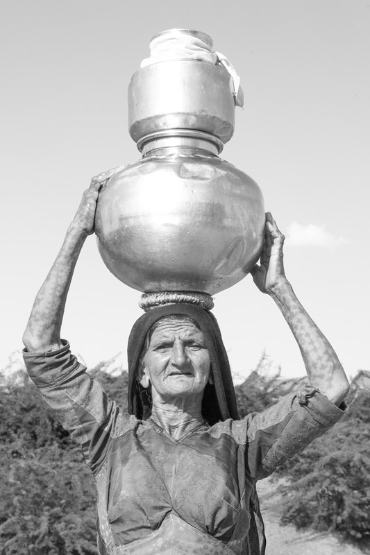 Water portraits - An elderly woman bringing drinking water from a pond located outside the village - Kutch district, Gujarat